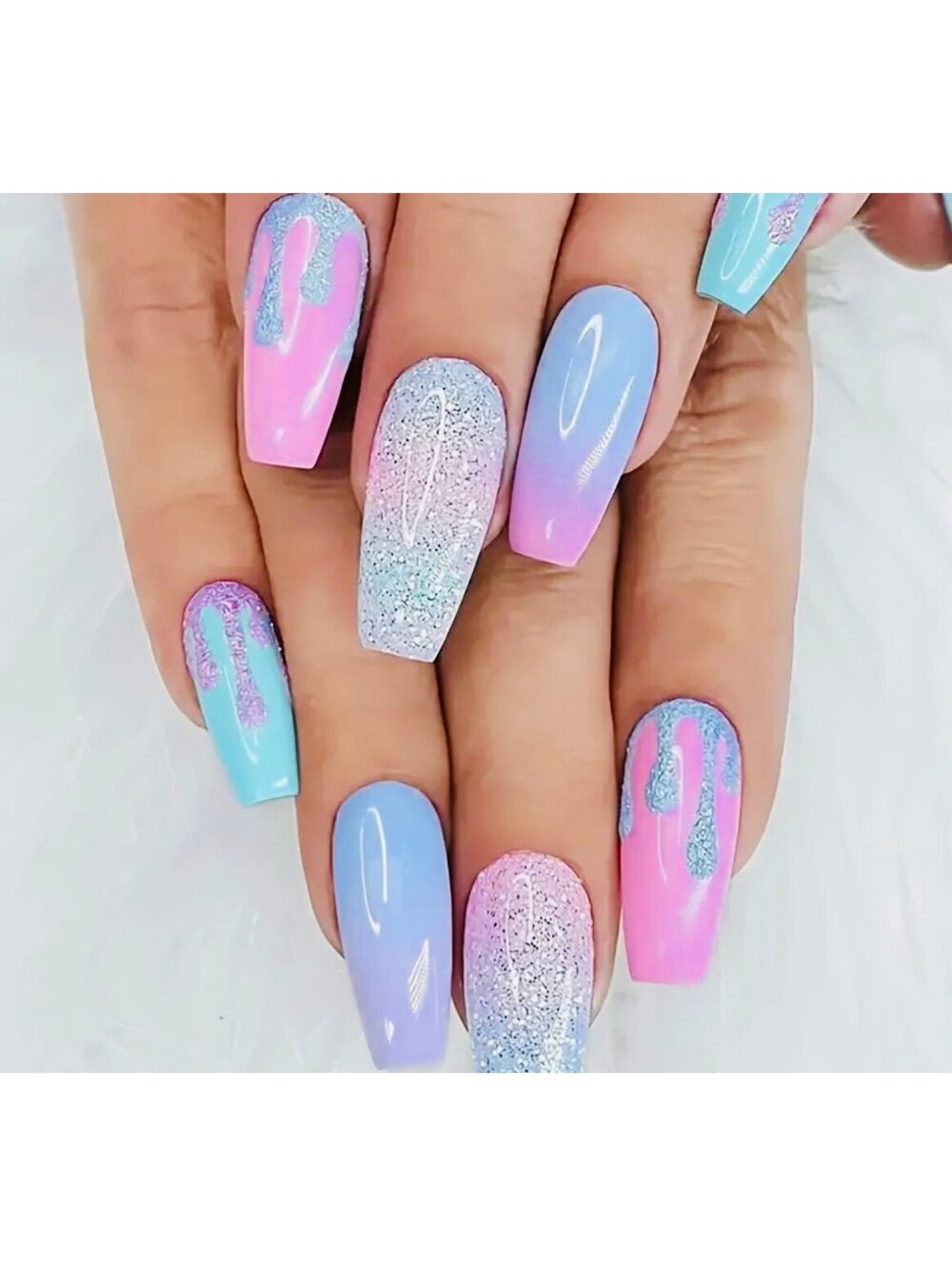 New - 24Pcs - Chic -Pink & Blue Gradient Glitter Reusable Press-On-Nails